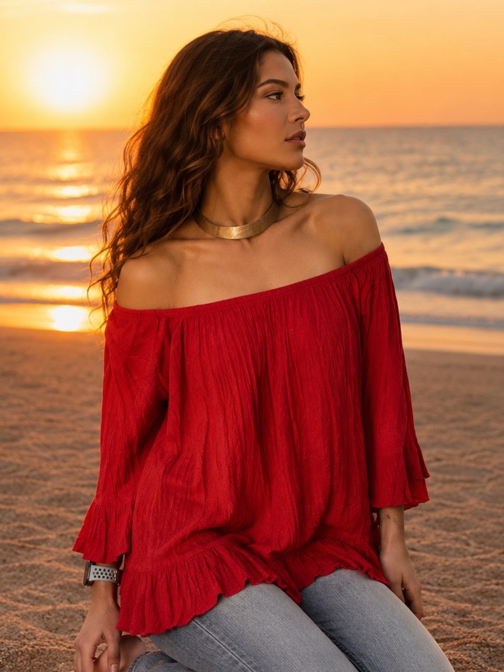 Beach Lunch Lounge Red Crinkle Blouse Peasant Off Shoulder Whimsy Festival